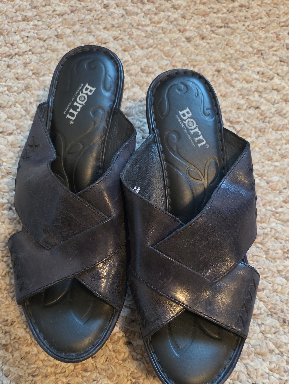 Born Black Leather Cross-Strap Slide Sandals